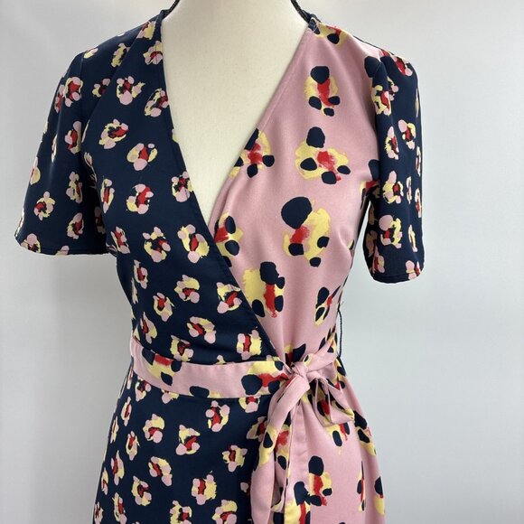 BCBGeneration Womens XS Wrap Dress Mixed Print Short Sleeve Tie Belt Midi - Picture 3 of 7